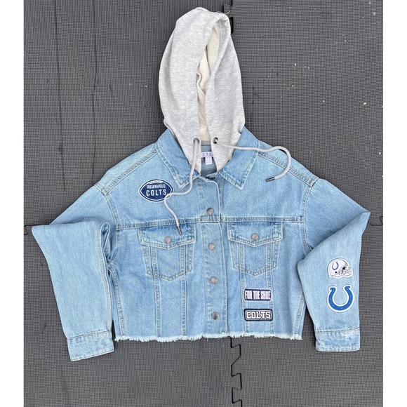 Indianapolis Colts Cropped Denim Jacket with Gray Hoody NFL Football Fan Apparel - Picture 1 of 6